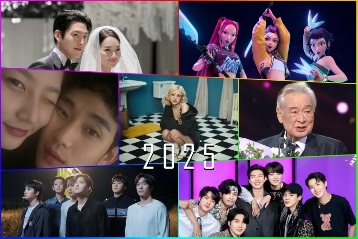 (Clockwise from top left) Korean celebrity couple Kim Woo-bin and Shin Min-a, "KPop Demon Hunters," actor Lee Soon-jae, BTS, EXO, Kim Sae-ron and Kim Soo-hyun, and Rosé (Instagram, Netflix, screenshot from KBS video on YouTube, Big Hit Music, X)