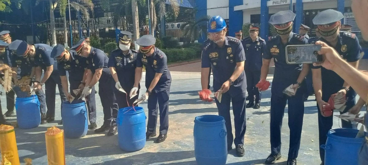 Col. Angel Garcillano, Bulacan police director, together with police chiefs from four cities and 20 towns, presented to local media the confiscated banned firecrackers — including Goodbye Philippines, Lolo Thunder, Pla-pla, and boga — which were destroyed on Tuesday, Dec. 30, 2025. (Photo from Bulacan PPO)