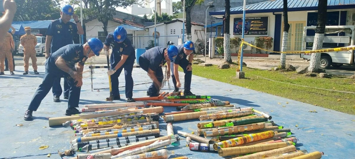 Col. Angel Garcillano, Bulacan police director, together with police chiefs from four cities and 20 towns, presented to local media the confiscated banned firecrackers — including Goodbye Philippines, Lolo Thunder, Pla-pla, and boga — which were destroyed on Tuesday, Dec. 30, 2025. (Photo from Bulacan PPO)