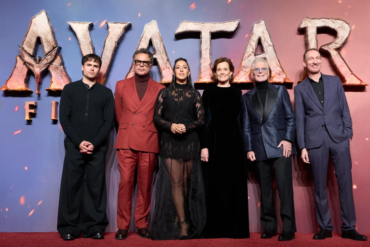 (L-R) Jamie Flatters, Jemaine Clement, Oona Castilla Chaplin, Sigourney Weaver, Stephen Lang and David Thewlis at the UK premiere of 'Avatar: Fire and Ash' (AP)