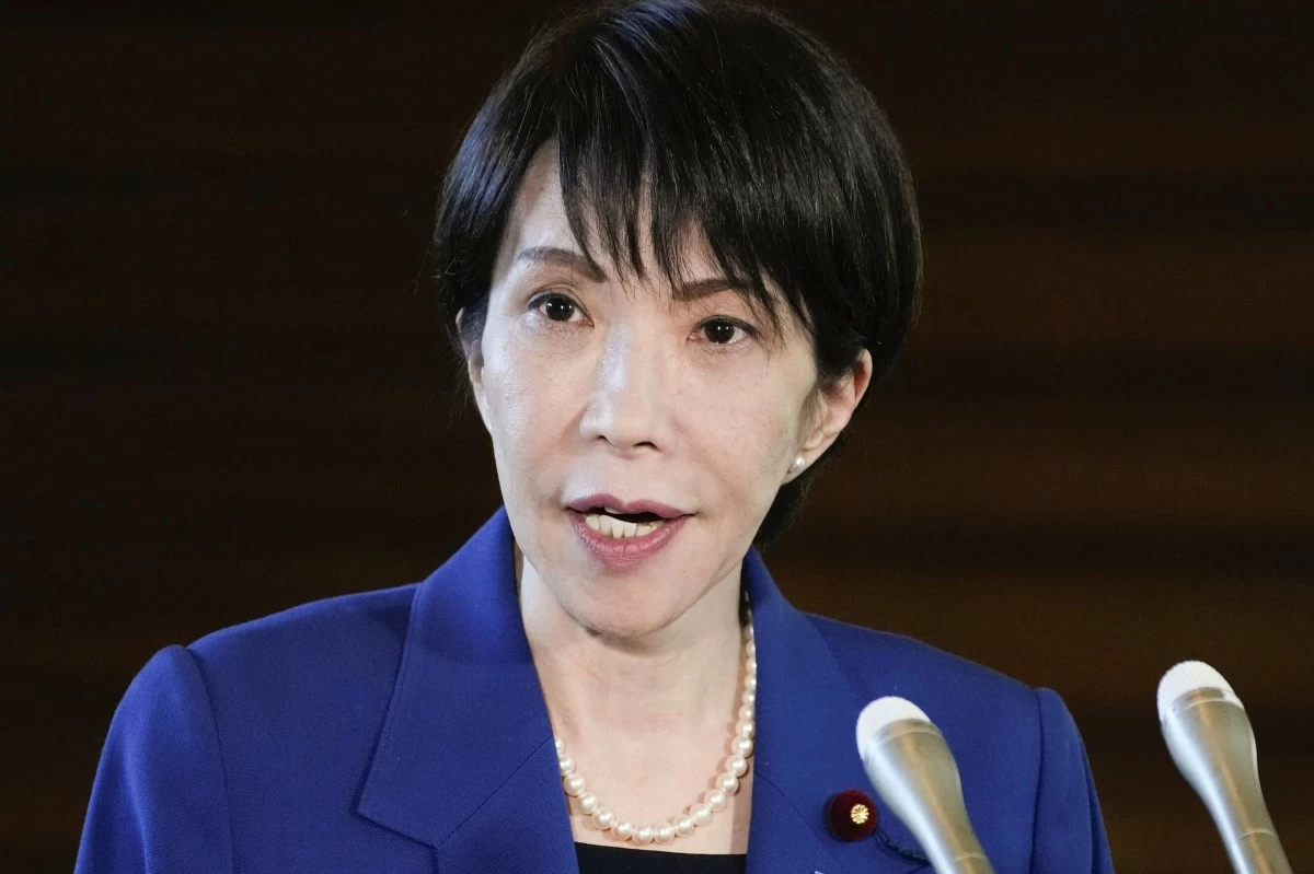 Japan's Prime Minister Sanae Takaichi speaks to the reporters at her office in Tokyo Tuesday, Jan. 6, 2026, after a strong earthquake hit western Japan. (Yuki Sato/Kyodo News via AP)