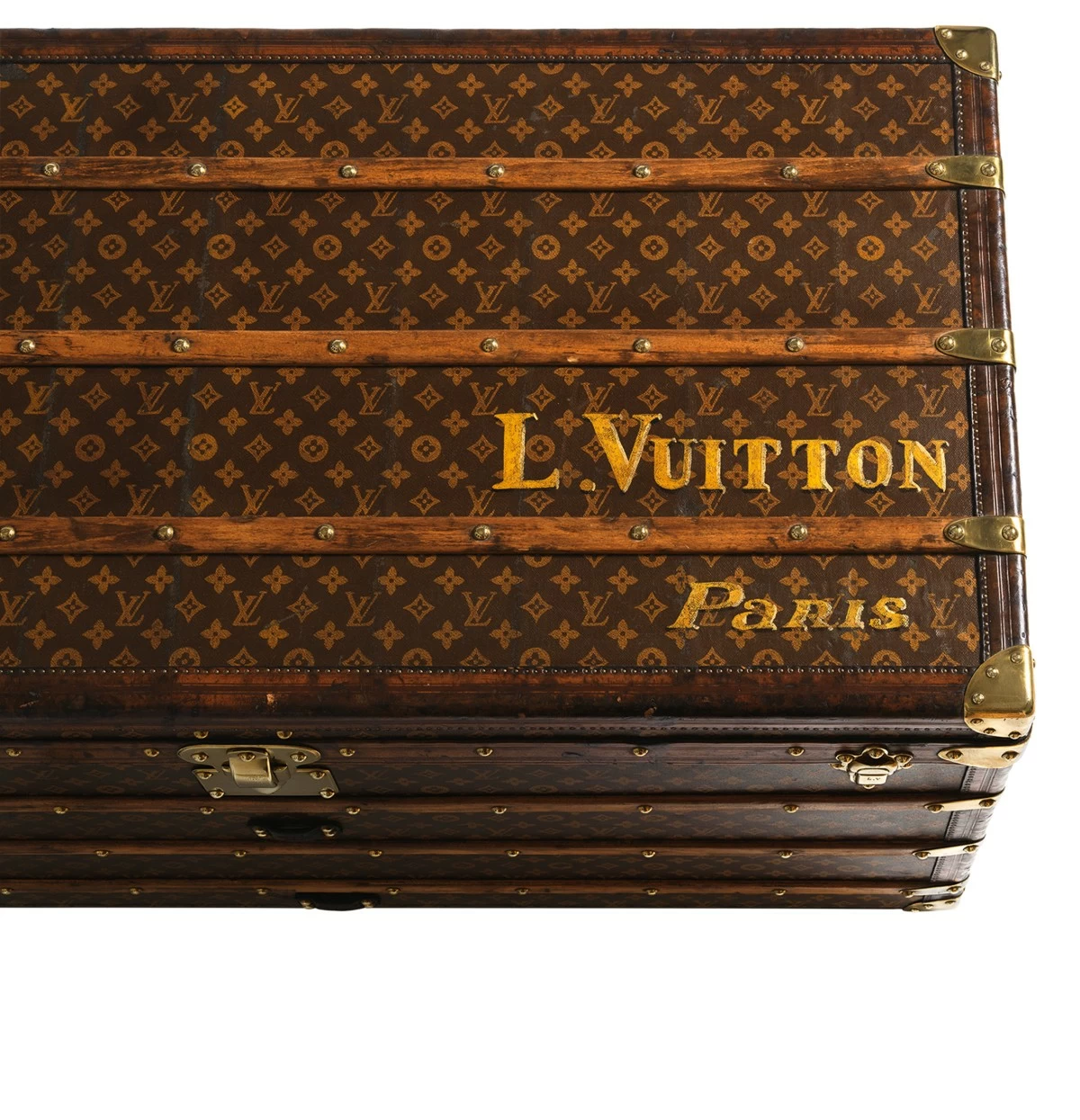 Detail of the personalization L.Vuitton Paris on the lid of the Ladies Monogram Canvas Trunk, 1910