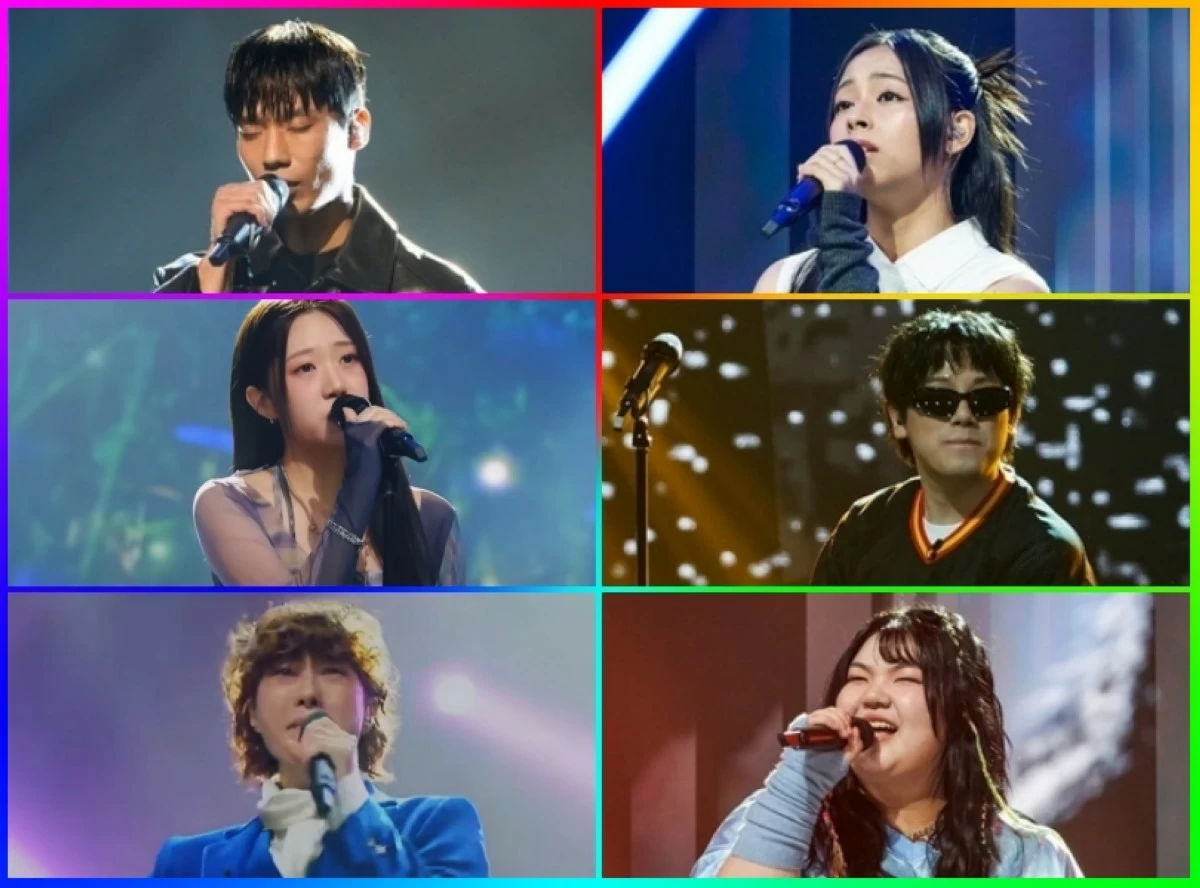 The top six contestants who signed exclusive contracts with Music Farm. They are (clockwise from top left) Lee Oh-wook, Gwyn Dorado, Kim Jae-min, Slowly, Seodo and Gyuri. 