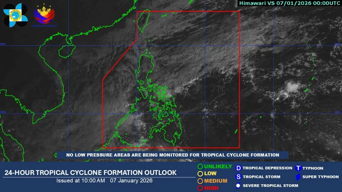 While there are no low-pressure areas (LPAs) being monitored for possible tropical cyclone formation, PAGASA said cloudy skies will prevail over parts of Luzon and the Visayas as the shear line and the northeast monsoon bring scattered rains on January 7, 2026. (PAGASA / Facebook)