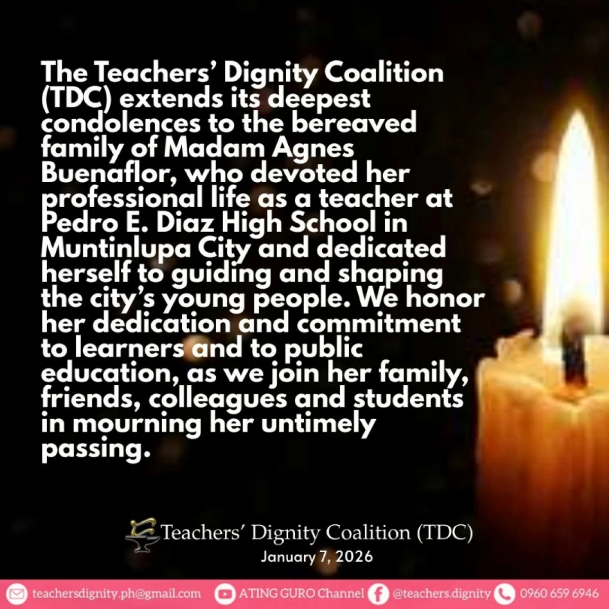 Statement of the Teachers’ Dignity Coalition about the death of Muntinlupa teacher Agnes Buenaflor (Photo from TDC) 