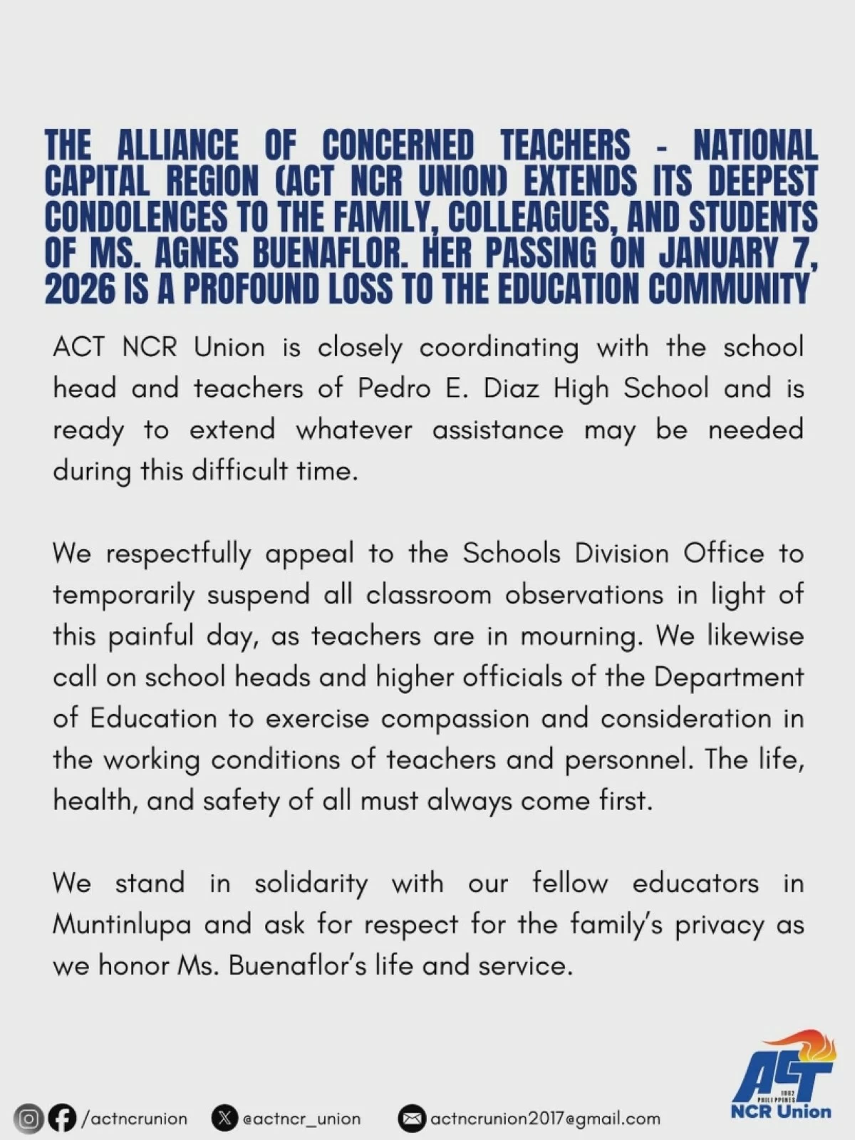 Statement of the Alliance of Concerned Teachers (ACT) NCR Union about the death of Muntinlupa teacher Agnes Buenaflor (Photo from ACT NCR Union) 
