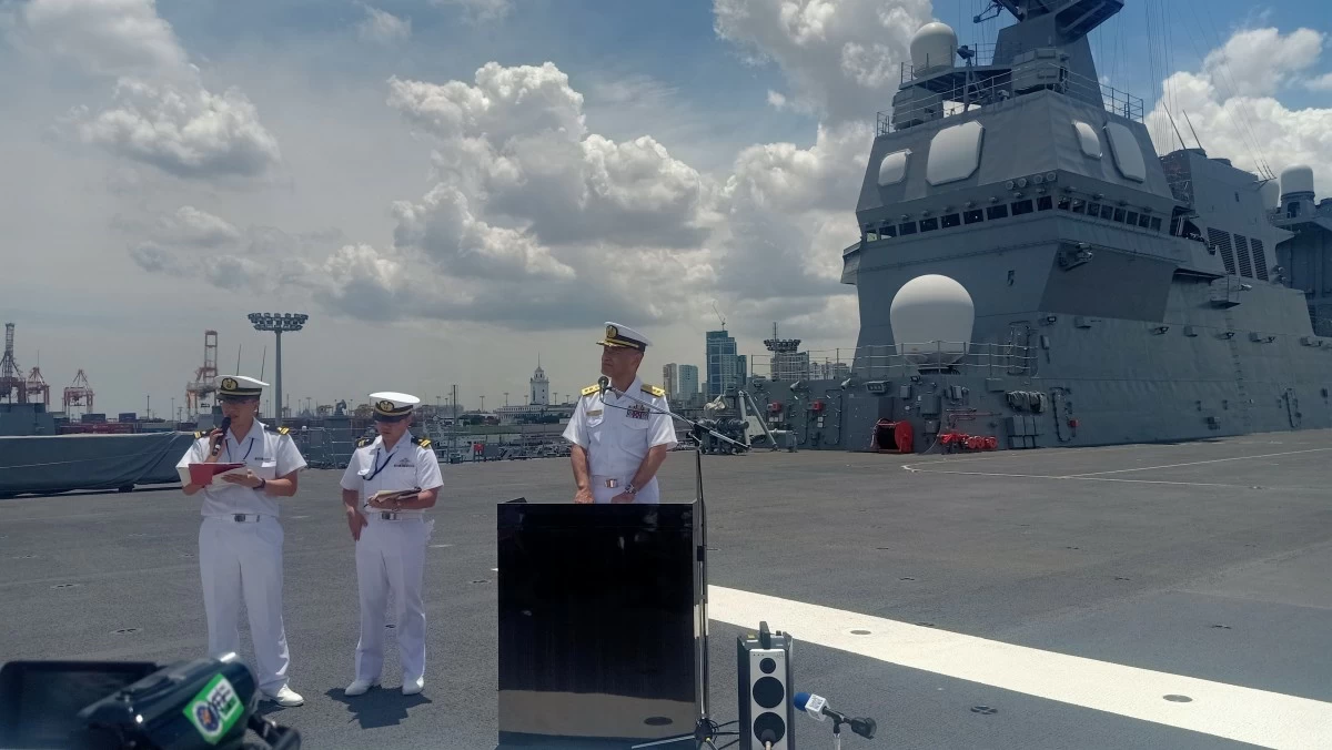 Rear Adm. Natsui Takashi, commander of Japan Maritime Self Defense Force (JMSDF) Escort Flotilla 4, delivers a speech aboard JS Ise (DDH-182) in Port Area, Manila on June 21, 2025. The Japanese helicopter destroyer is on a three-day port visit in Manila. (Photo: Martin A. Sadongdong / MANILA BULLETIN)