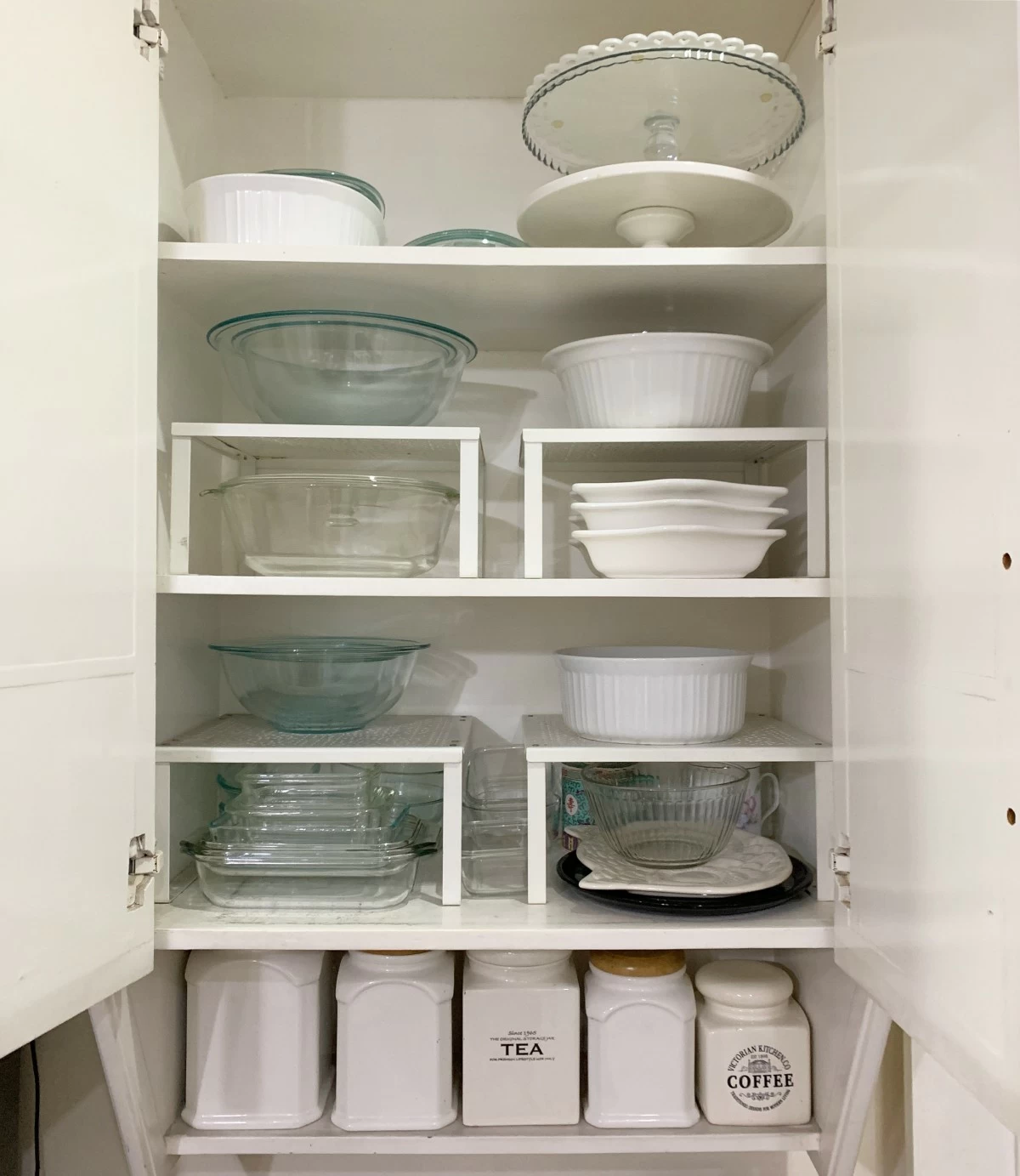 This photo was taken after Christine decluttered the serving dishes in her kitchen. Years later, it still looks the same way—decluttering and having fewer things make a space easy to maintain.