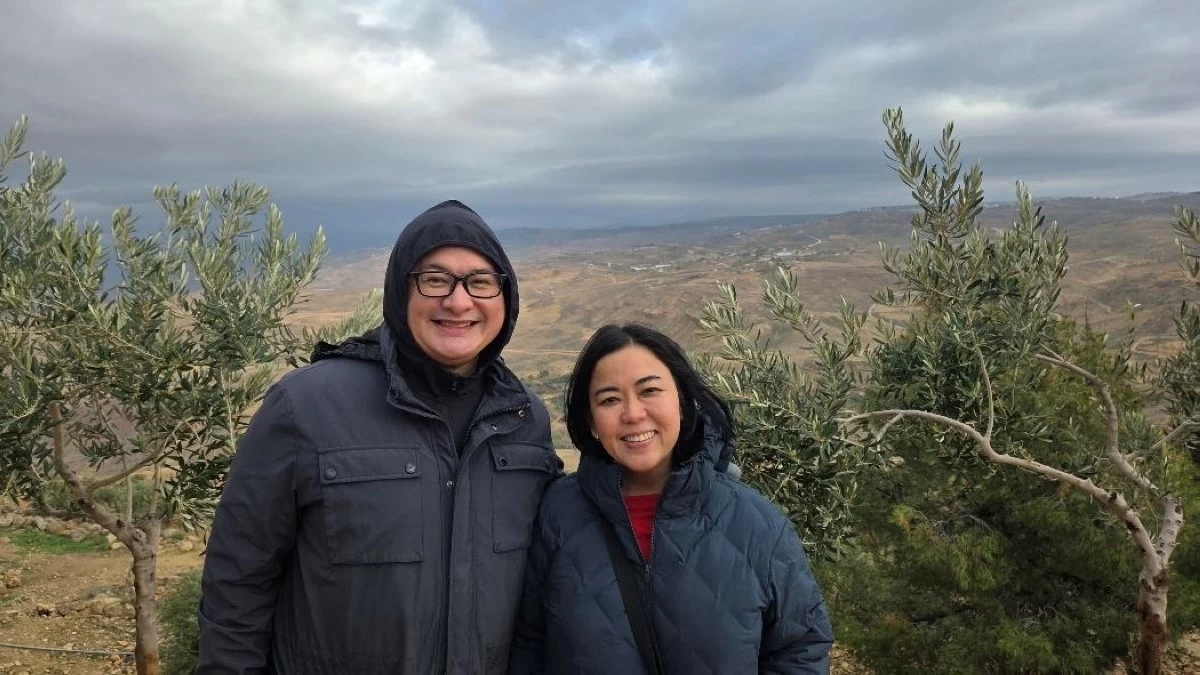 FOLLOWING MOSES' STEPS The author and his wife at Mt. Nebo, where Moses saw the Promised Land.