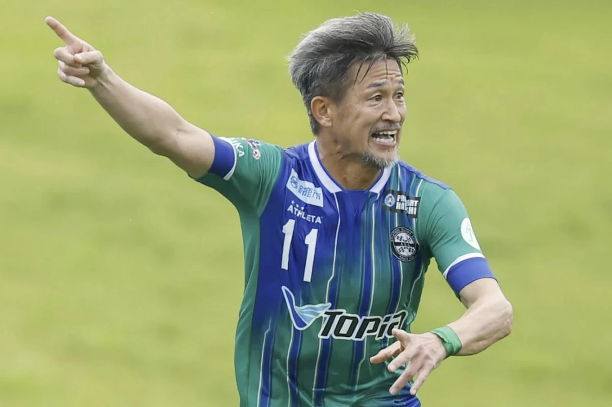 FILE - Japanese forward Kazuyoshi Miura of Suzuka plays in a JFL soccer match against Oita in Suzuka, central Japan, July 14, 2024. (Kyodo News via AP, File)

