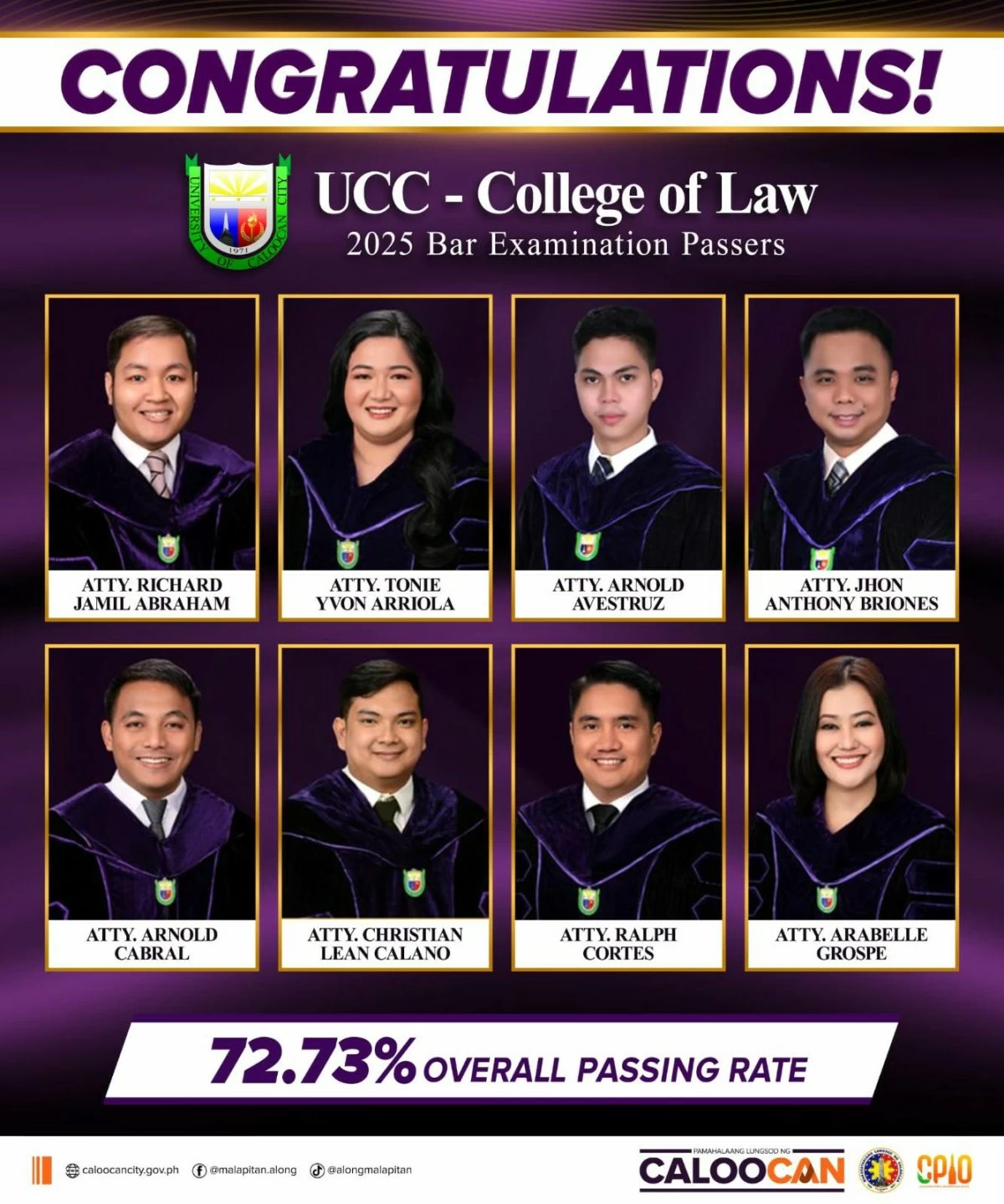 Passers of the University of Caloocan City–College of Law in the 2025 Bar Examinations. (Photo from Caloocan PIO)