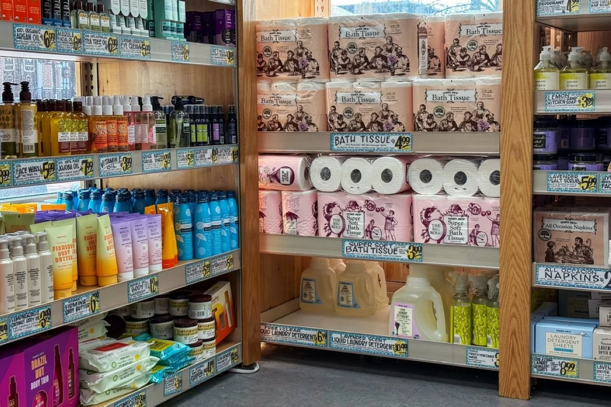 Toilet paper sits on shelves at a Trader Joe's in Alexandria, Va., Jan. 4, 2026. (AP Photo/Michael Phillis)