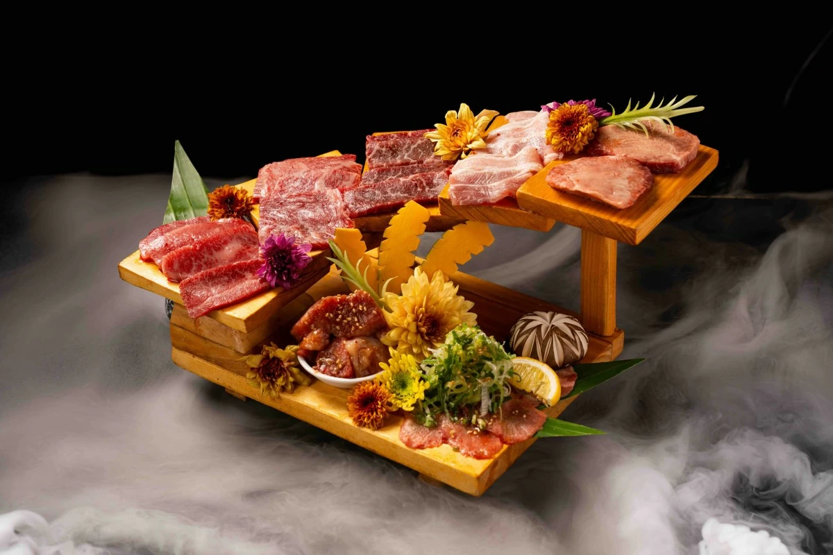 CUT ABOVE The tokusen kaidan mori, a curated selection of premium wagyu cuts, invites diners to compare marbling, texture and flavor before the grill ever heats up