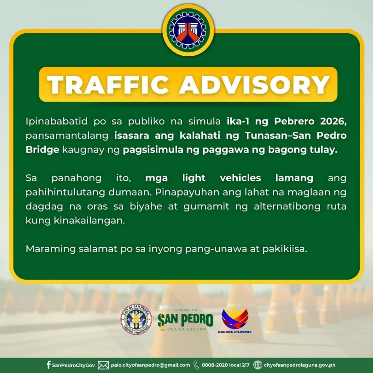 The traffic advisory from the San Pedro, Laguna (Photo from the San Pedro local government)