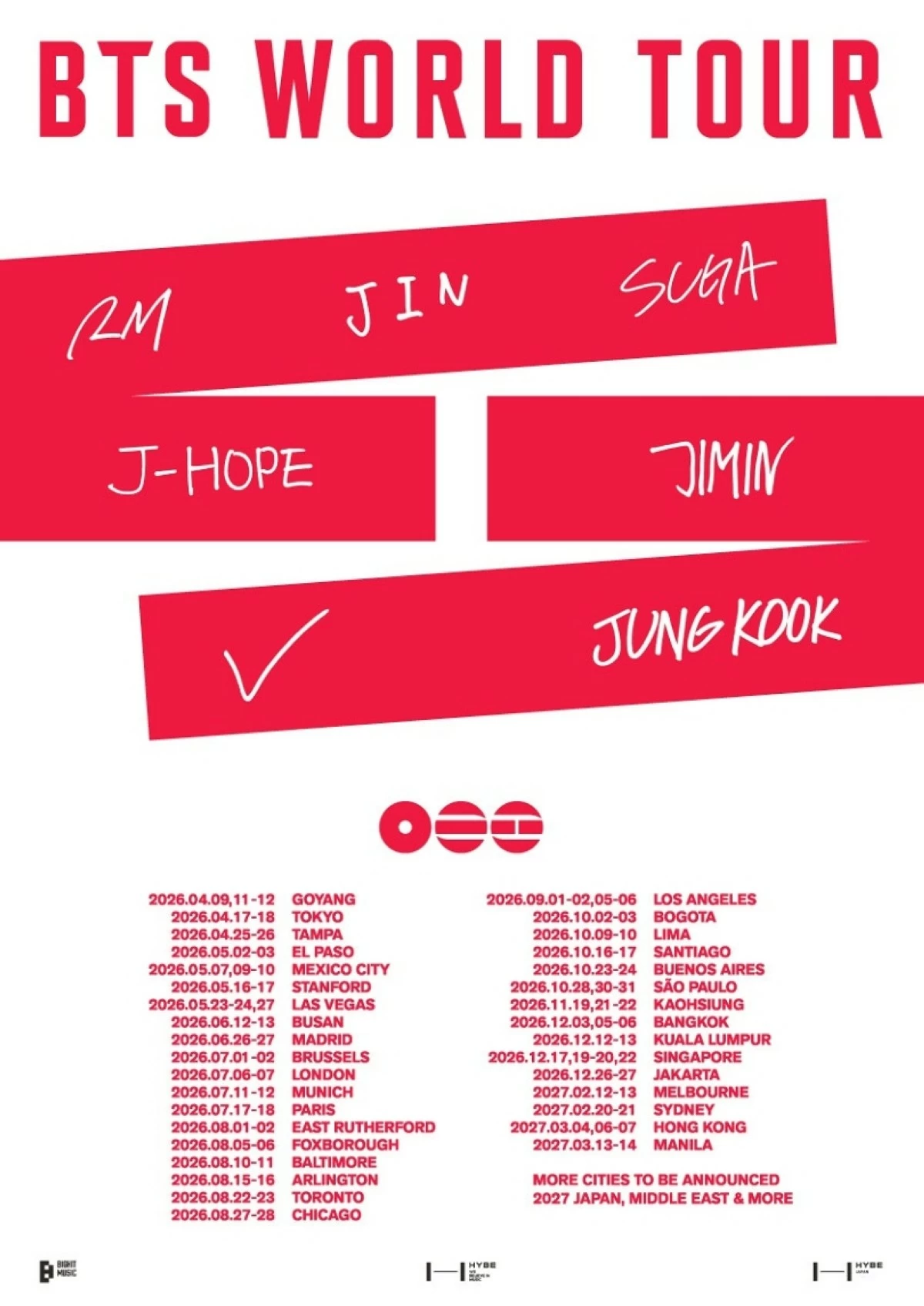 The dates and cities of the BTS World Tour (Big Hit Music) 