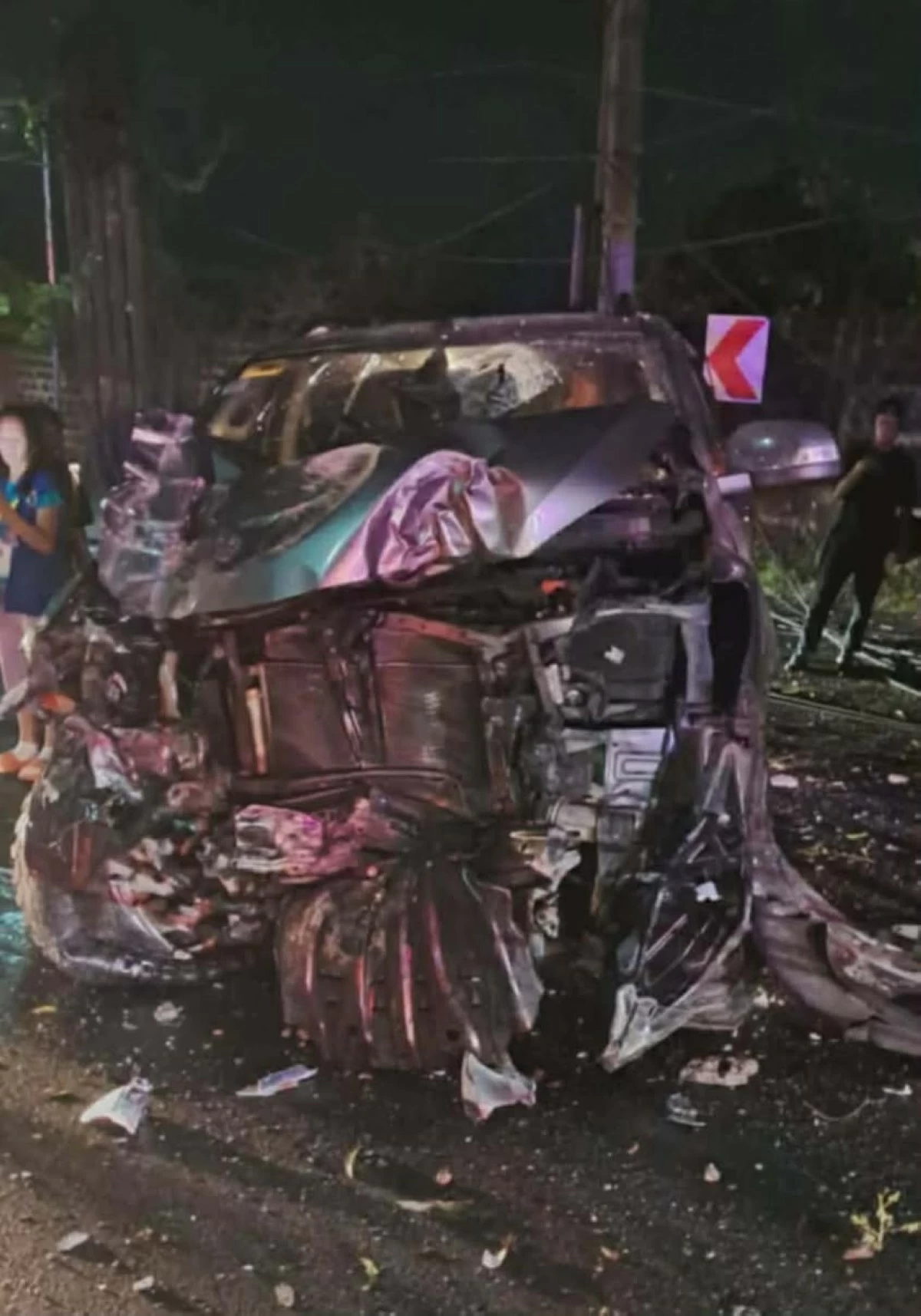 The damaged pickup vehicle after crashing into a post in Antipolo City. (Photos from Rizal PPO)