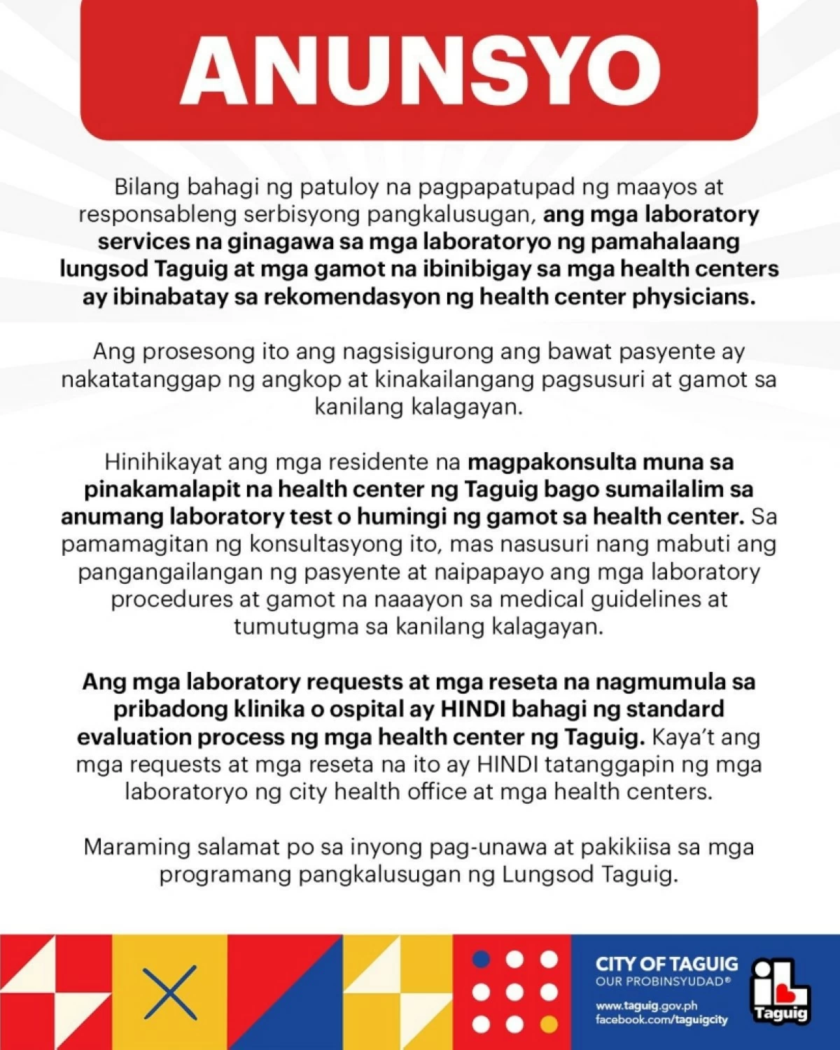 The announcement by the Taguig City Health Office (Photo from the Taguig City Health Office's Facebook page) 