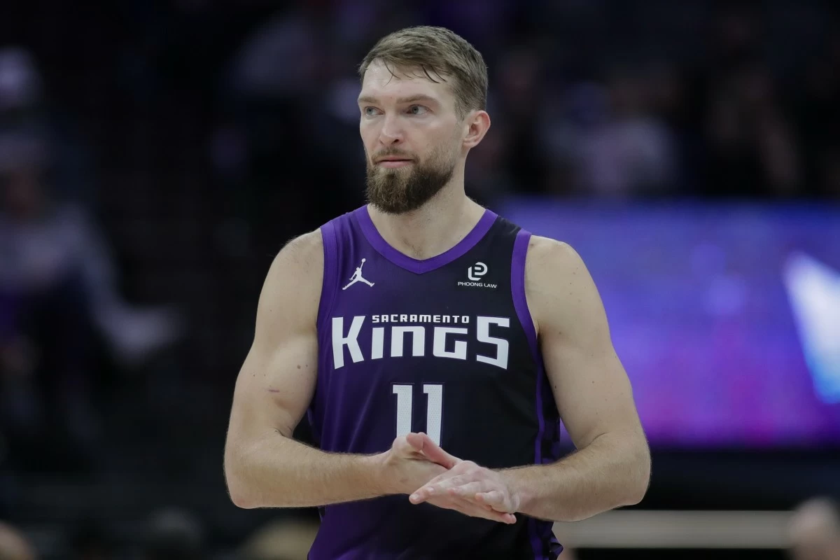 Sacramento Kings forward Domantas Sabonis looks on during the first half of an NBA basketball game against the Washington Wizards, Friday, Jan. 16, 2026, in Sacramento, Calif. (AP Photo/Scott Marshall)