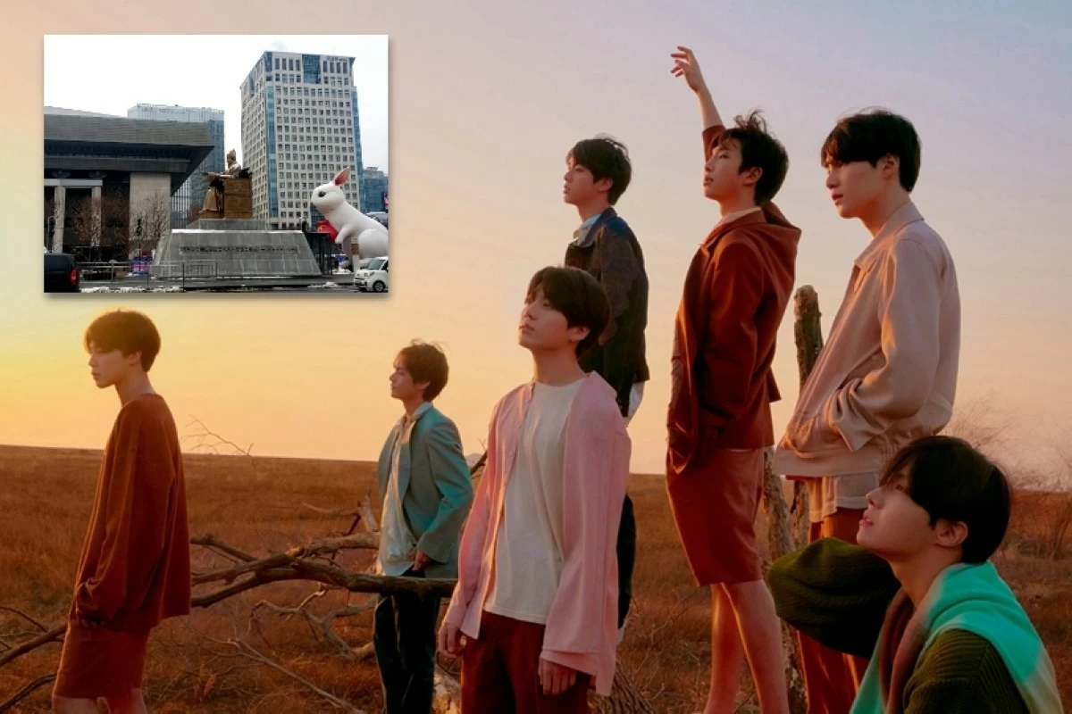 BTS and the statue of King Sejong the Great (inset) at Gwanghwamun Square in Seoul (Photos: Big HIt Music, Jonathan Hicap)