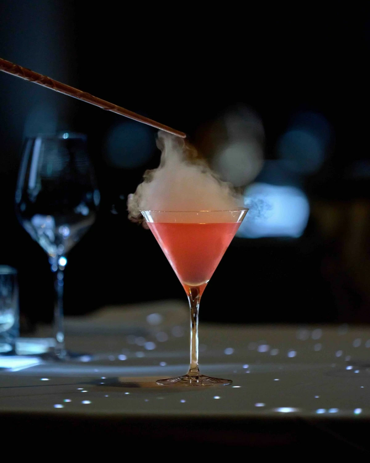 DISAPPEARING ACT Vanished cocktail made with tequila, strawberry and almond syrup, lemon, and milk, served as part of the immersive pairing.