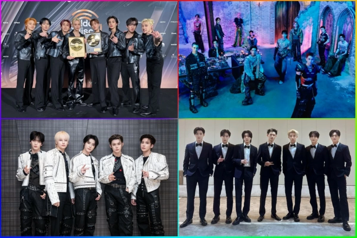 (Clockwise from top left) Stray Kids, Seventeen, ENHYPEN and Tomorrow X Together (X) 