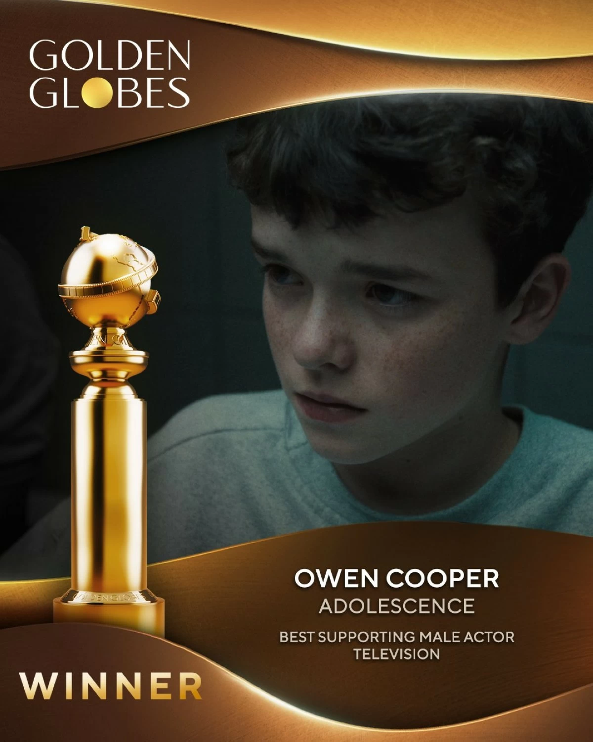 Owen Cooper (Photo from Golden Globes on X) 
