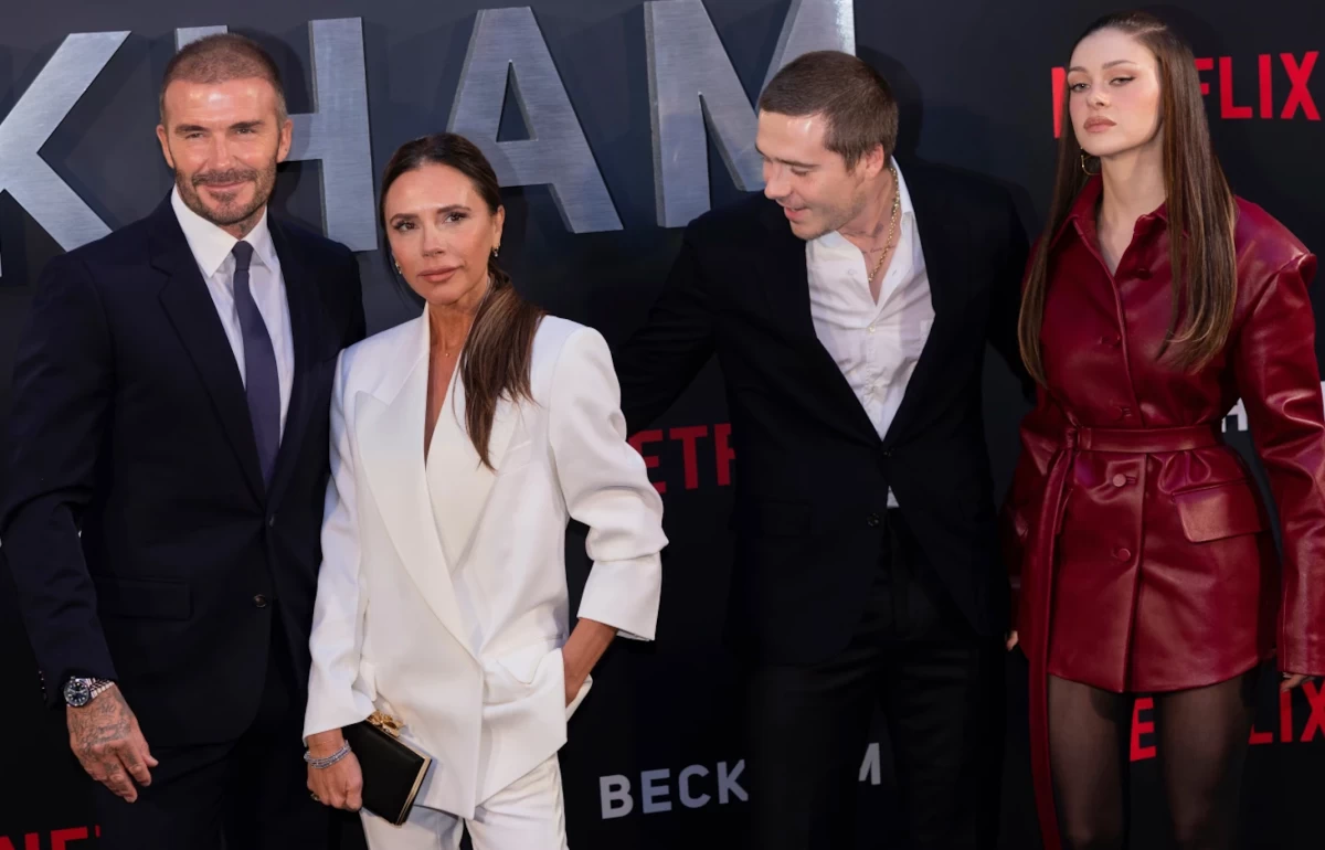 David Beckham, from left, Victoria Beckham, Brooklyn Beckham, and Nicole Peltz appear at the premiere of the Netflix docuseries 'Beckham' in London on Oct 3, 2023. (AP)