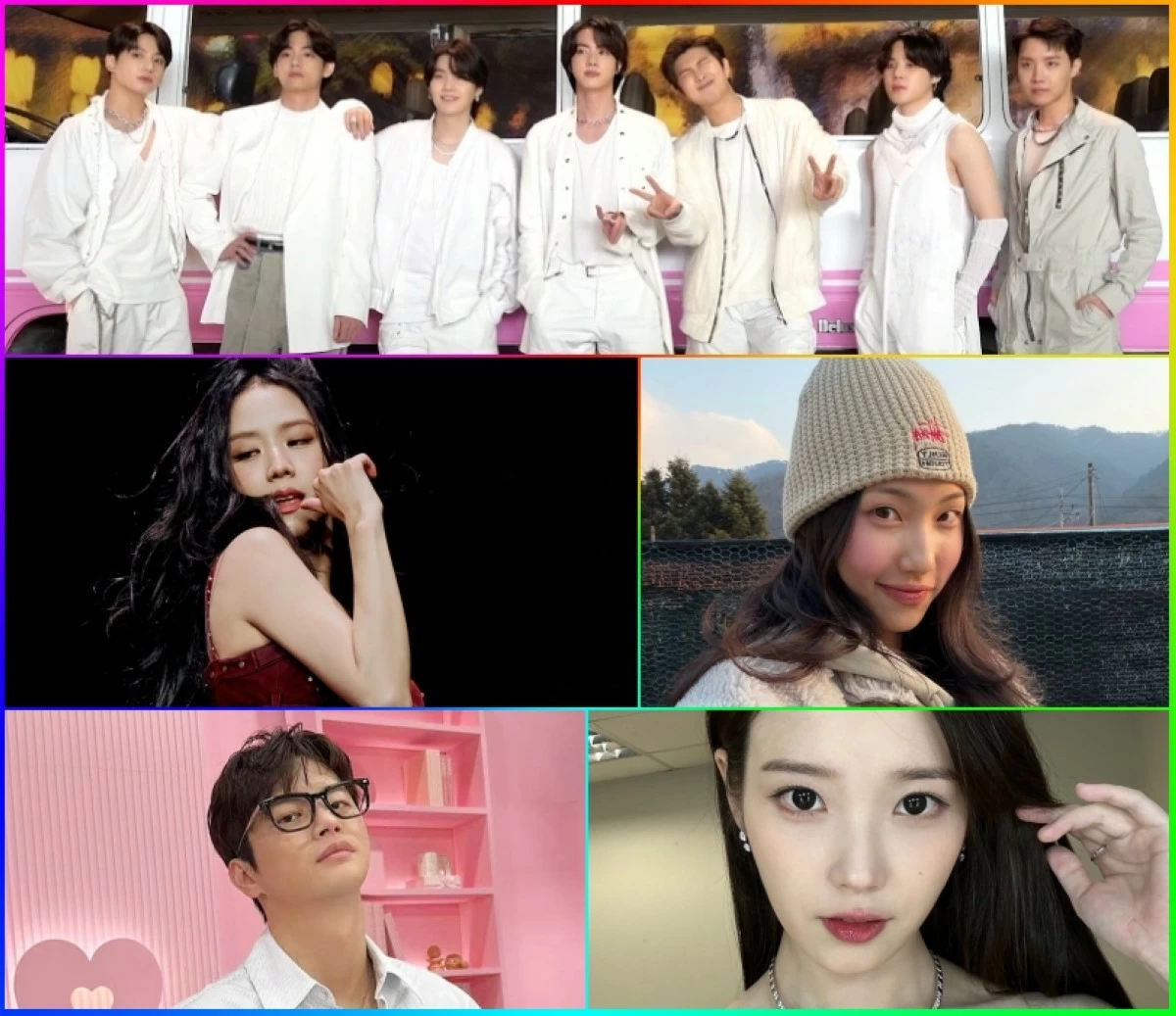 (Clockwise from top) BTS, Jessica Lee, IU, Seo In-guk and BLACKPINK's Jisoo (Big Hit Music, Instagram) 