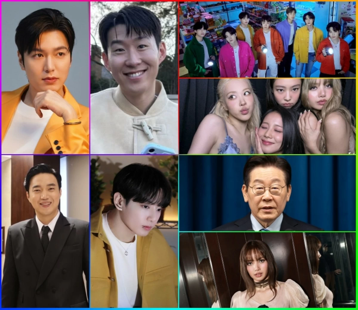 (Clockwise from top right) BTS, BLACPINK, Korean President Lee Jae-myung, BLACKPINK's Lisa, BTS' Jungkook, Ryan Bang, Lee Min-ho and Son Heung-min (Big Hit Music, Instagram, Facebook) 