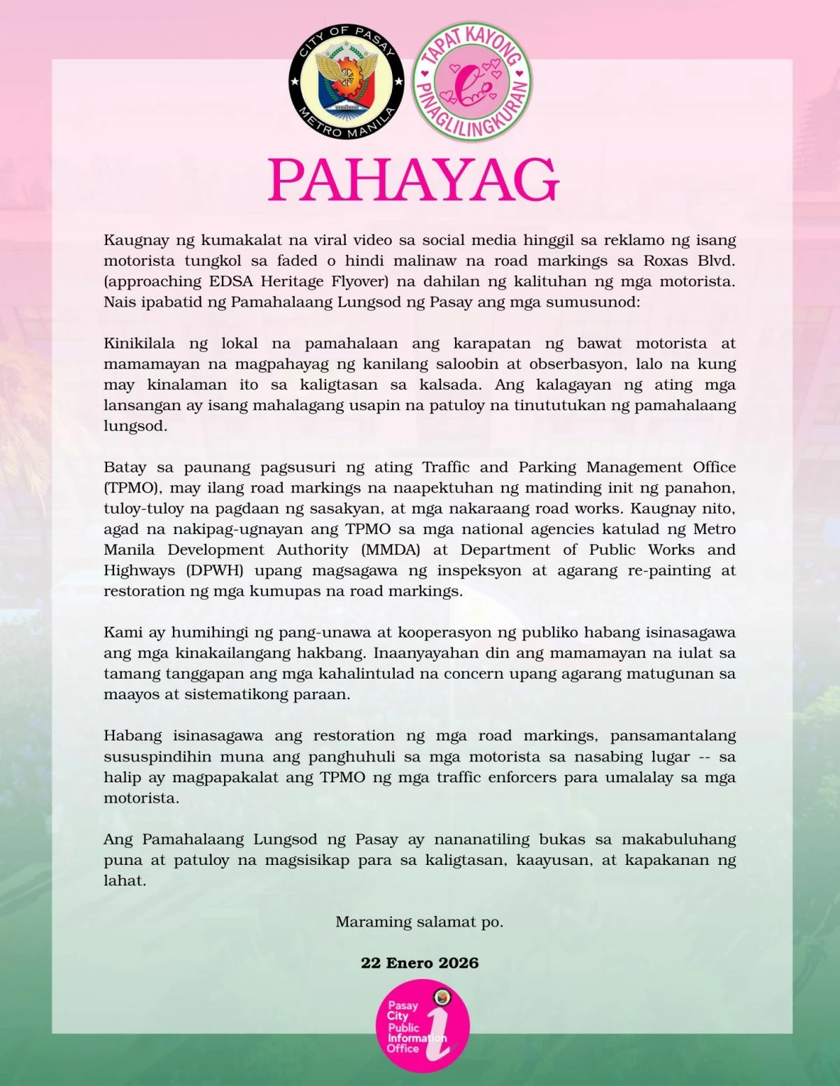 
Statement of the Pasay City government on the complaint road markings (Photo from Pasay PIO) 
