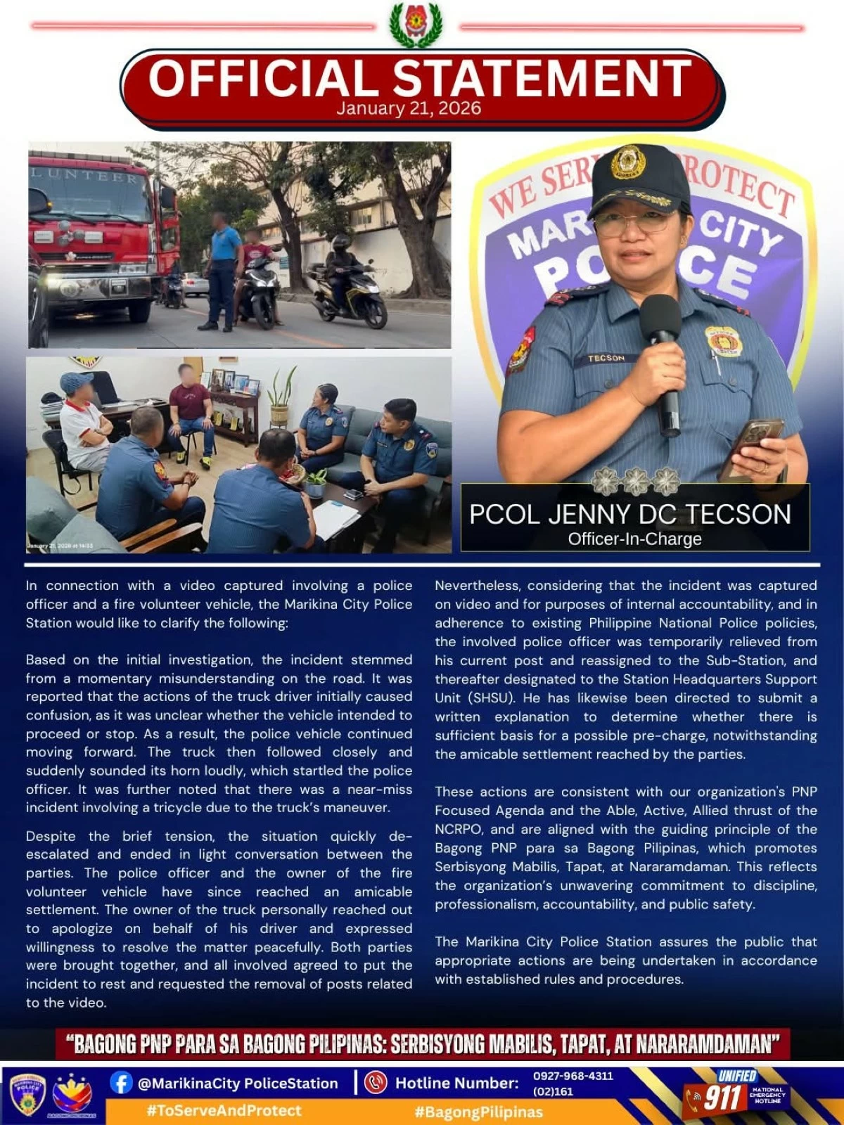 Marikina City Police Station releases official statement on a police officer allegedly seen blocking a fire truck in a viral video. (Photo from Marikina CPS)