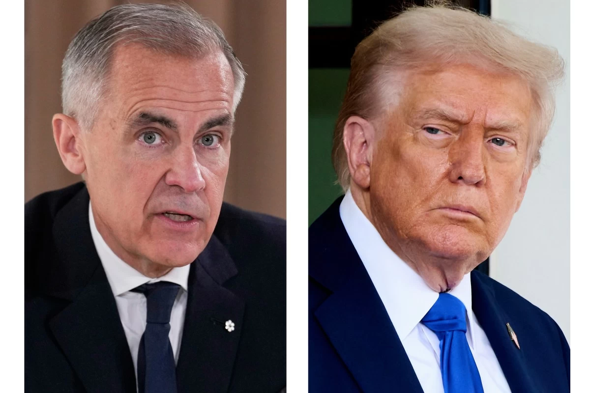 This combination of images shows Canada's Prime Minister Mark Carney on June 16, 2025, in Kananaskis, Canada, left, and President Donald Trump on Oct. 7, 2025, in Washington. (AP Photo/Mark Schiefelbein, left, Jacquelyn Martin)