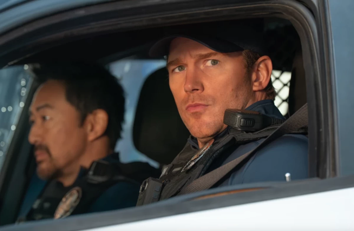 This image released by Amazon MGM Studios shows Kenneth Choi, left, and Chris Pratt in a scene from 'Mercy.' (Justin Lubin/Amazon MGM Studios via AP)