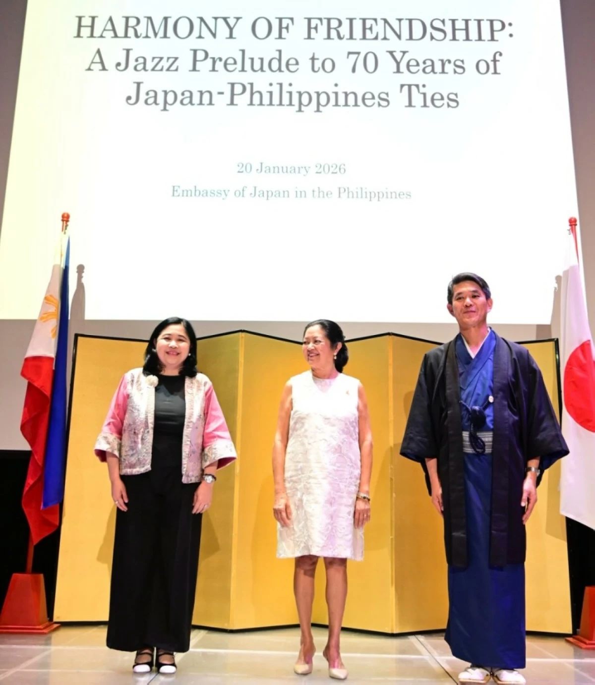 Japanese Ambassador Endo Kazuya shares the stage with the First Lady Louise Araneta-Marcos and Department of Foreign Affairs Undersecretary Maria Theresa B. Dizon-De Vega.
