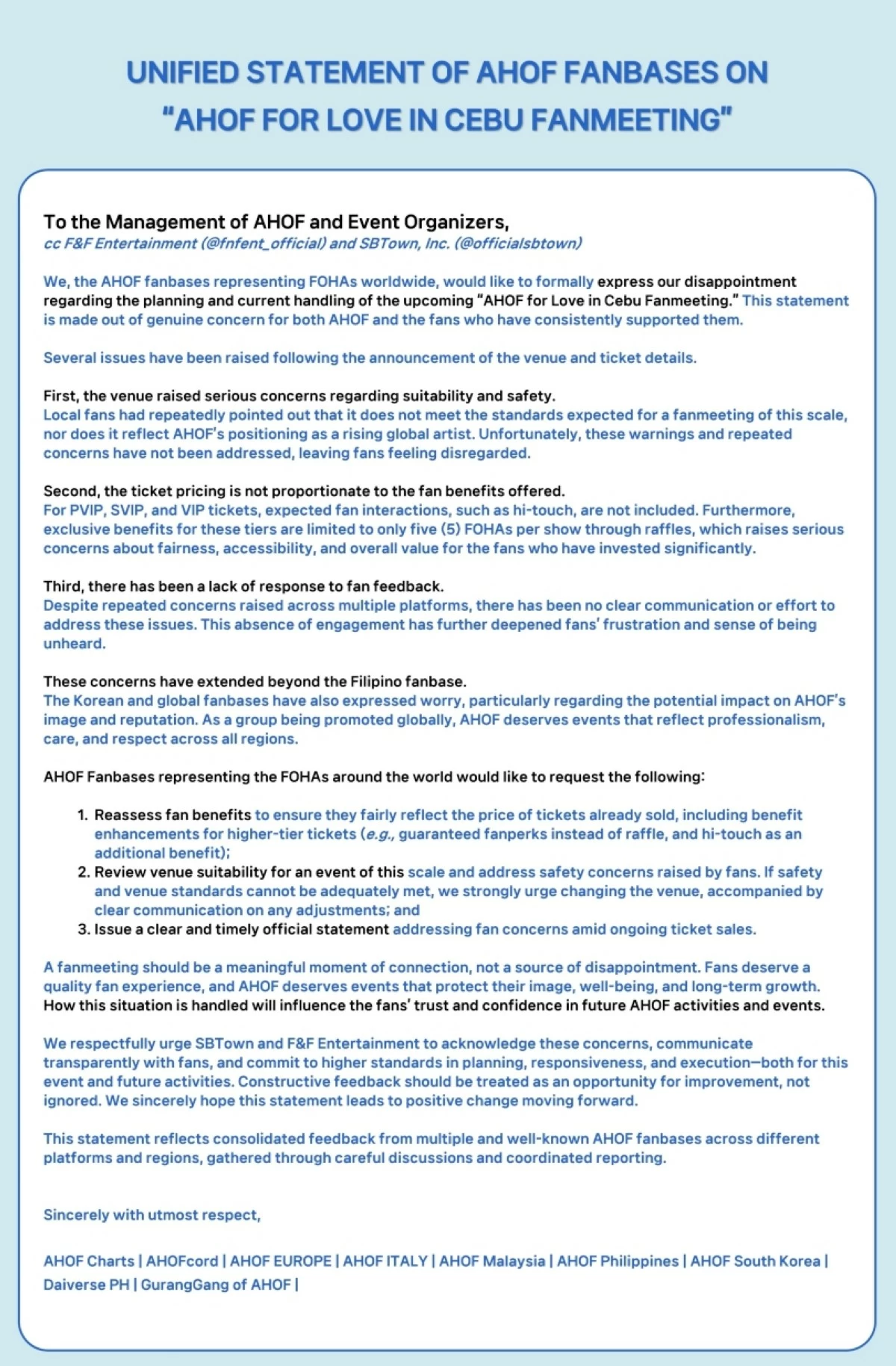 The statement of AHOF's fanbases (X) 