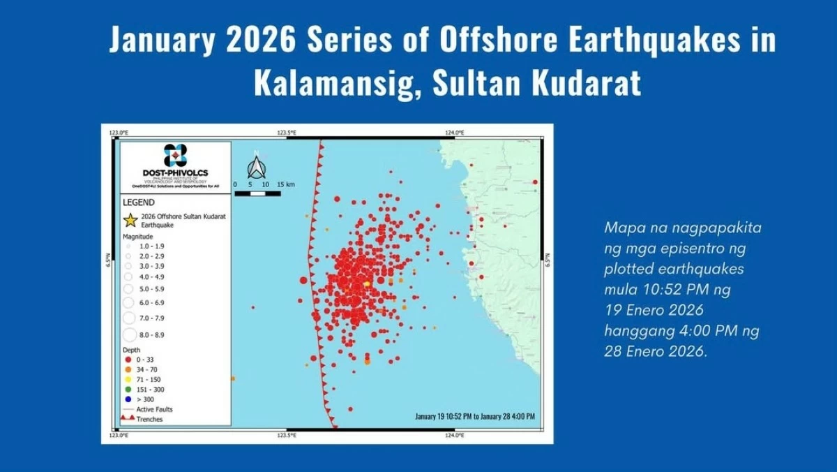 Map showing the epicenters of the offshore earthquake swarm in Sultan Kudarat from 10:52 p.m. on Jan. 19, 2026, to 4 p.m. on Jan. 28, 2026. (Philippine Institute of Volcanology and Seismology)