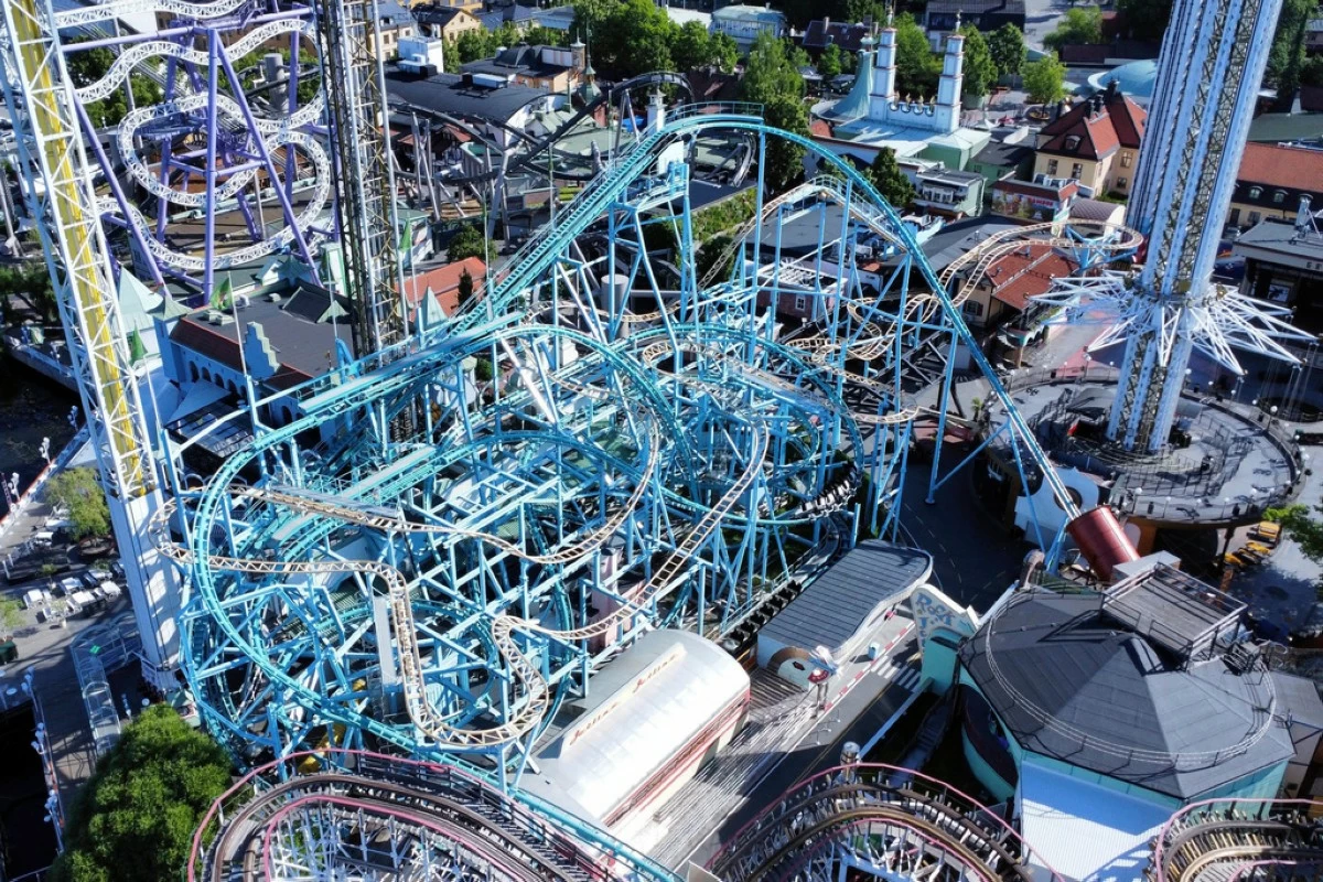 FILE - Aerial picture of rollercoaster Jetline at amusement park Gröna Lund in Stockholm, Sweden, Monday June 26, 2023. (Marko Saavala/TT News Agency via AP, File)