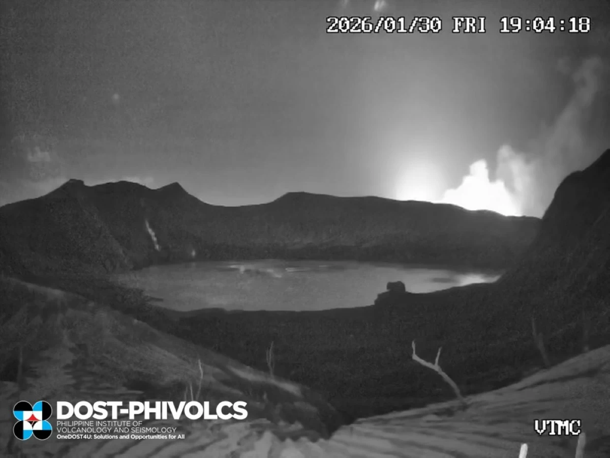 Footage from the Philippine Institute of Volcanology and Seismology (Phivolcs) IP cameras shows an ongoing grassfire on the southeast slopes of Taal Volcano Island, as seen from the Napayong Island and Taal Main Crater observation stations on Jan. 30, 2026. Alert Level 1 remains in effect over Taal Volcano. (Phivolcs Facebook)