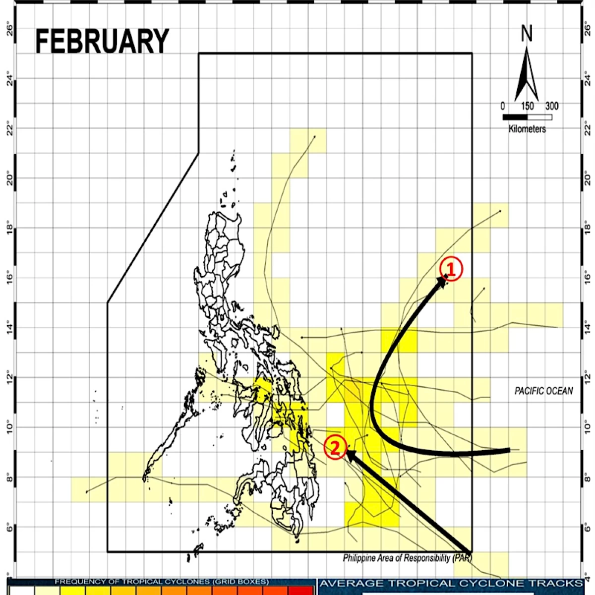 Projected paths of potential tropical cyclones in the Philippine Area of Responsibility for February (Philippine Atmospheric, Geophysical and Astronomical Services Administration)