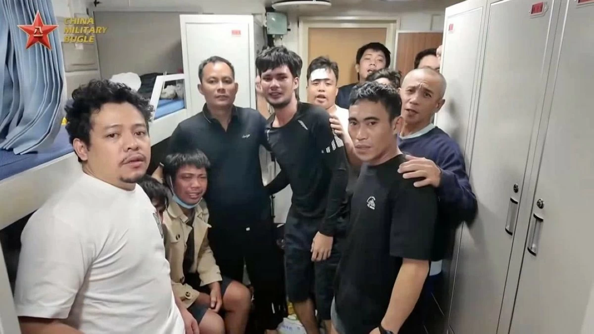  
FILIPINO seafarers rescued by the Chinese Coast Guard from a cargo ship that capsized in the West Philippine Sea. (Handout of the Embassy of the People's Republic of China in the Philippines)
