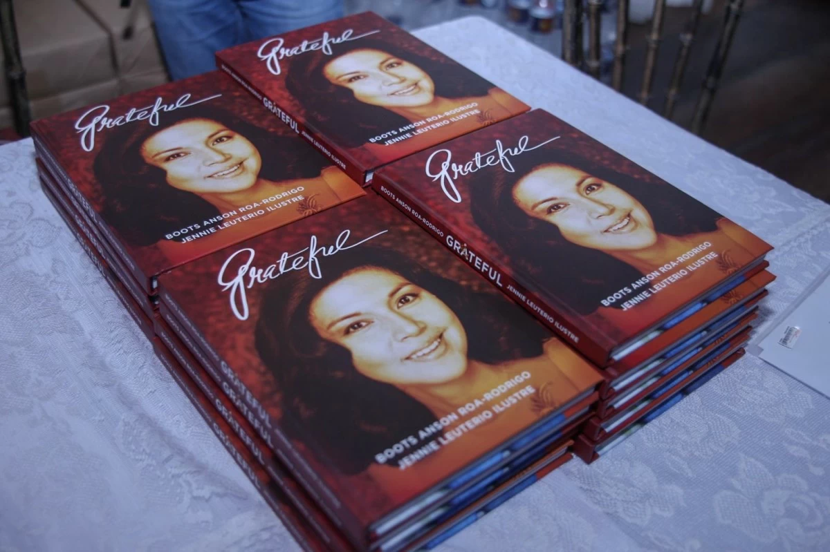 Copies of the book 'Grateful' by Boots Anson-Roa Rodrigo.