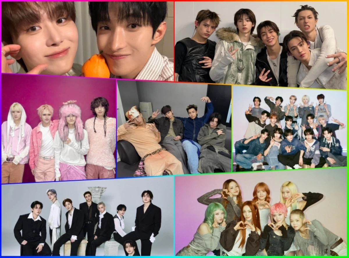 (Clockwise from top left) Seventeen's DxS, Cortis, Idntt, XG, Stray Kids, AxMxP and Lngshot (X) 
