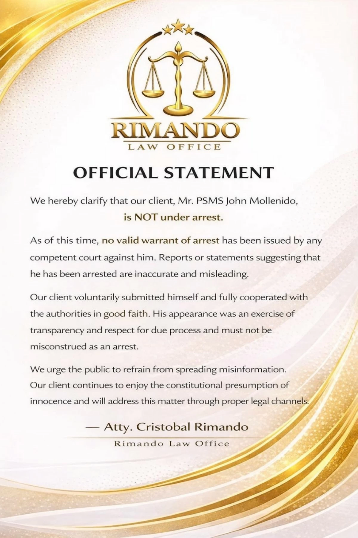 The statement of lawyer Cristobal Rimando (Photo from Rimando's Facebook account) 