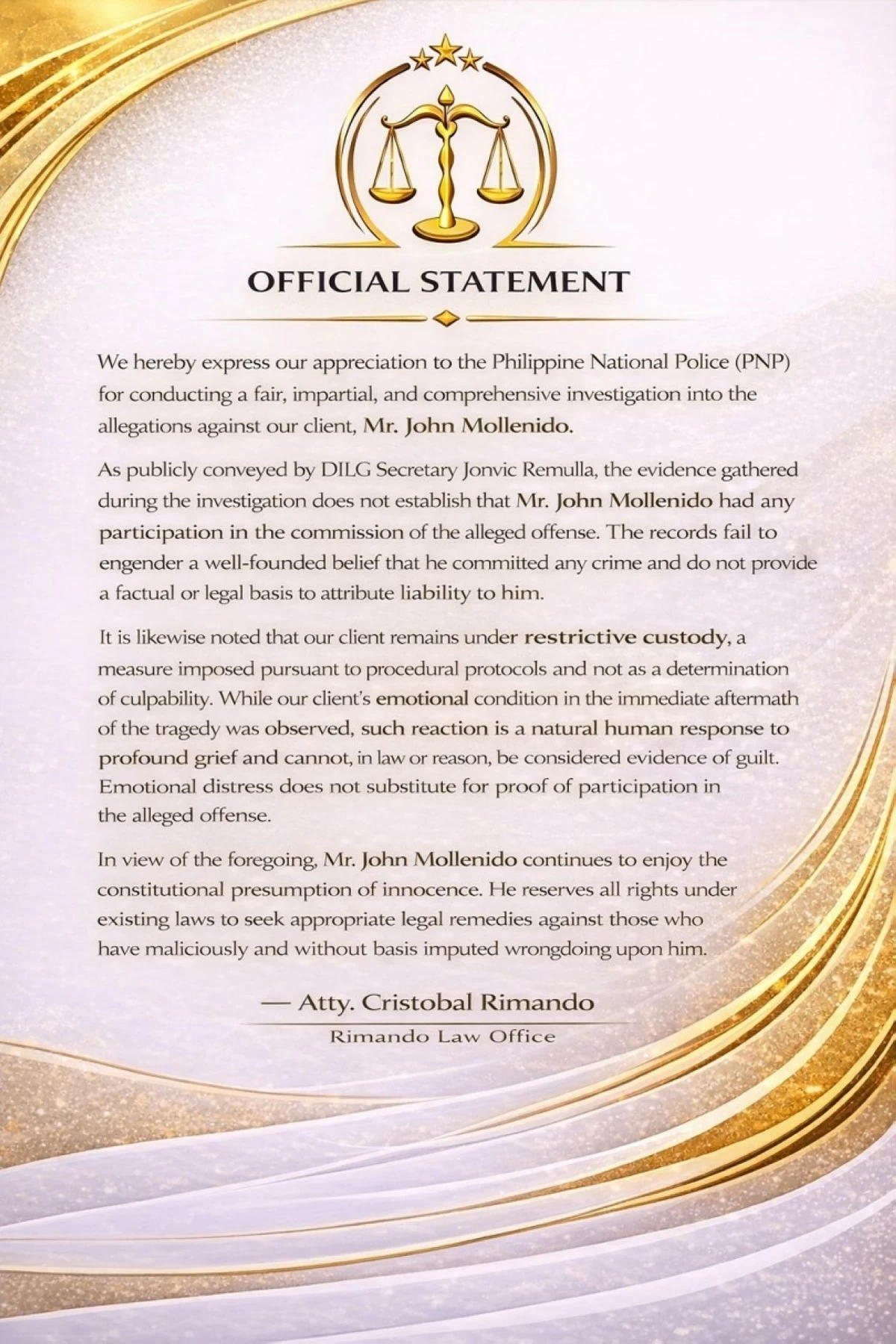 The statement of lawyer Cristobal Rimando (Photo from Rimando Law Office on Facebook) 