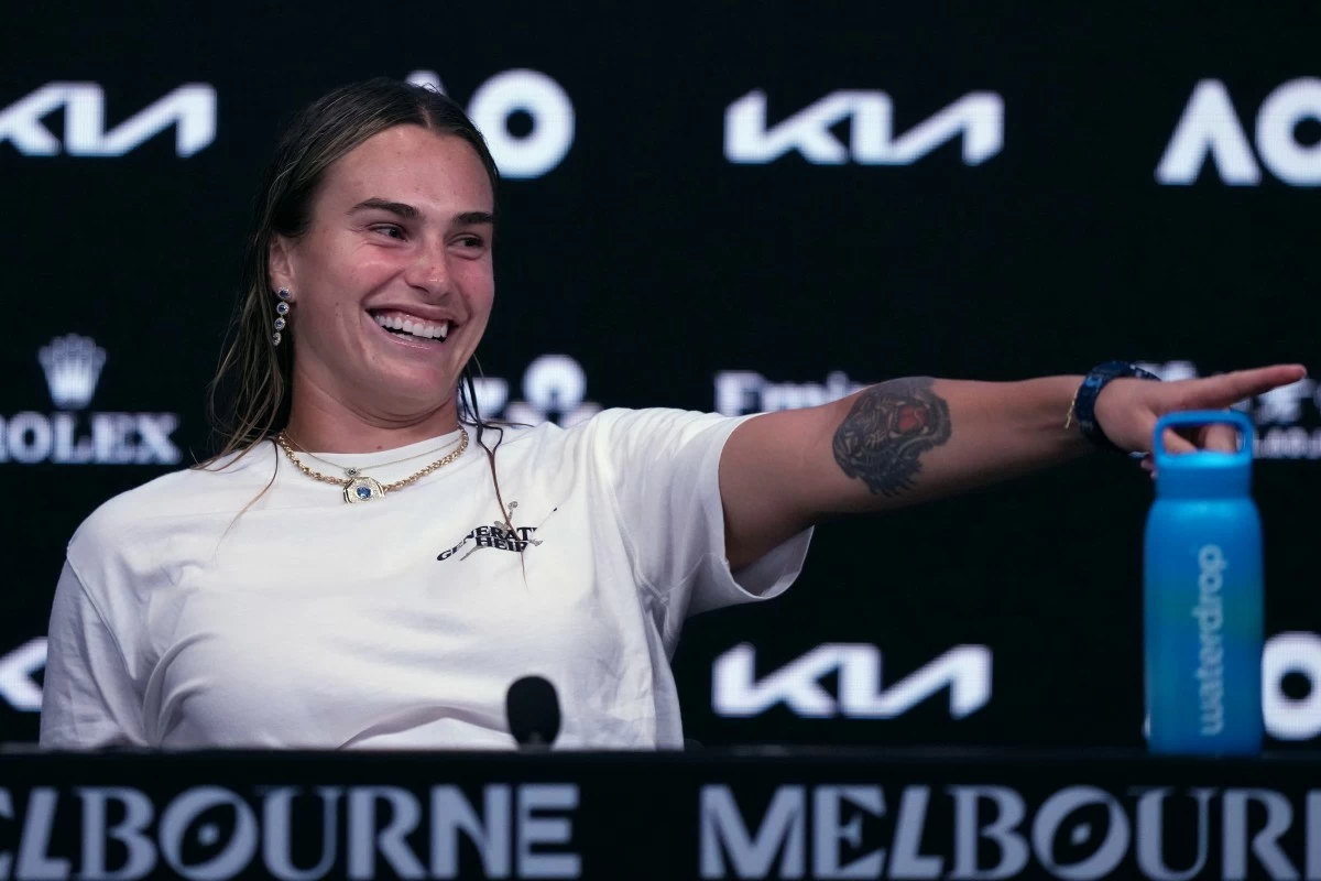 Aryna Sabalenka of Belarus gestures during a press conference following her loss to Elena Rybakina of Kazakhstan in the women's singles final at the Australian Open tennis championship in Melbourne, Australia, Saturday, Jan. 31, 2026. (AP Photo/Aaron Favila)