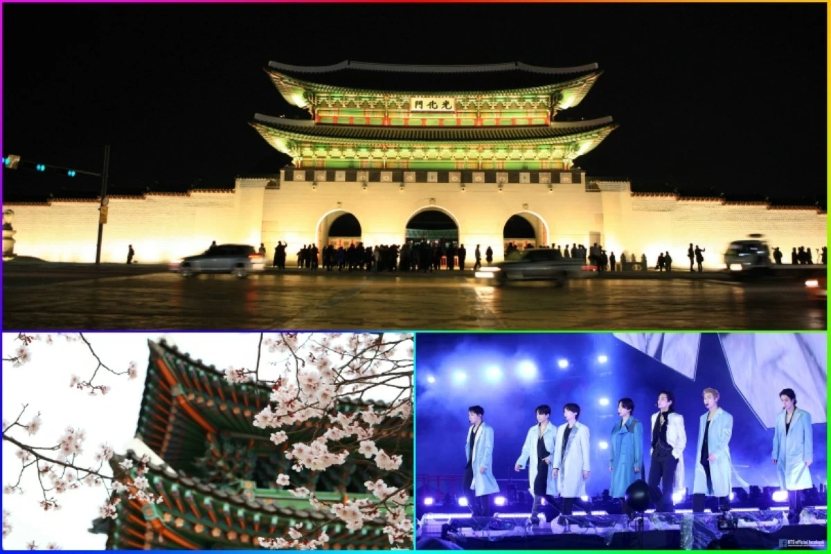 (Clockwise from top) Gwanghwamun, BTS and spring in Korea (KTO Manila, Big Hit Music) 
