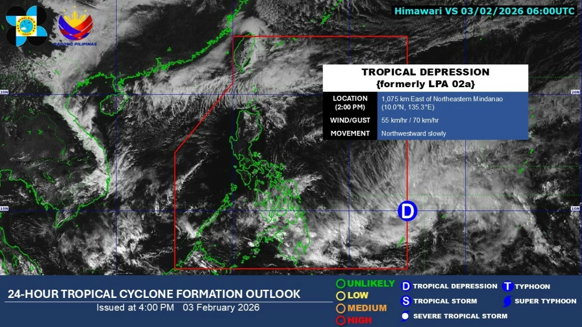 Satellite image of a tropical depression (formerly low-pressure area 02a) near the Philippine Area of Responsibility (Courtesy of PAGASA)