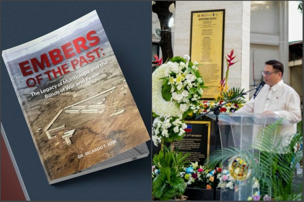 The book “Embers of the Past: The Legacy of Muntinlupa and The Bonds of War and Peace”  (left) and Mayor Ruffy Biazon leading the ceremony for the 81st Liberation Day of Muntinlupa (Photos from Muntinlupa PIO)  