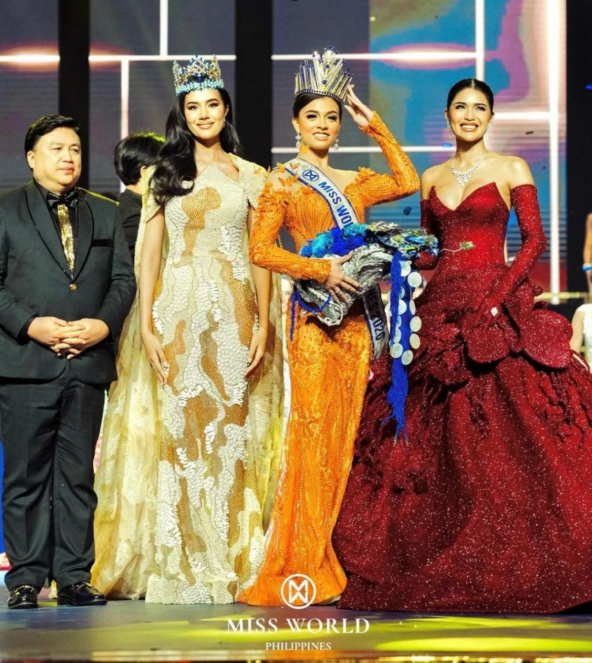 Miss World PH national director Arnold Vegafria, Miss World 2025 Opal Suchata, Miss World Philippines 2026 Asia Rose Simpson, and Miss World Asia 2025 Krishnah Gravidez


