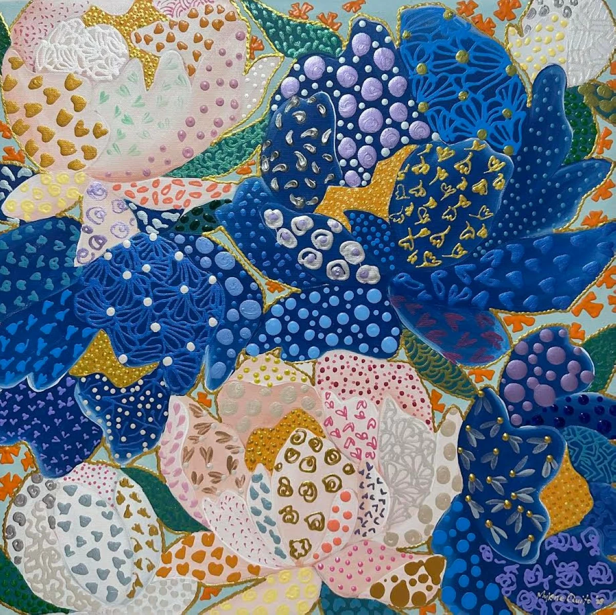 FLOWERS IN BLOOM Mylene's use of vibrant colors highlights the fleeting beauty of flowers in full bloom.